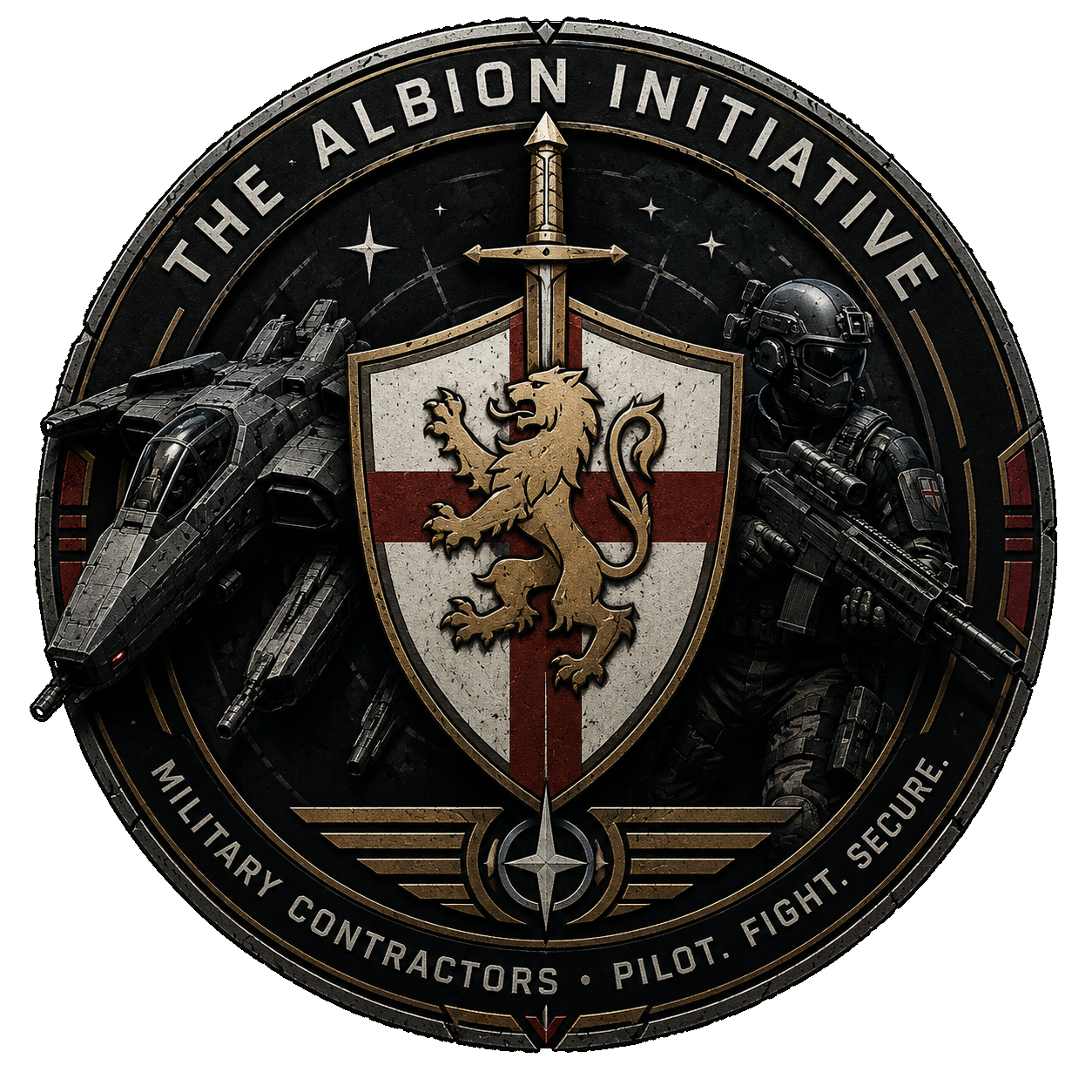 The Albion Initiative crest: a rampant lion on the cross of St George, flanked by a fighter and an armoured operator